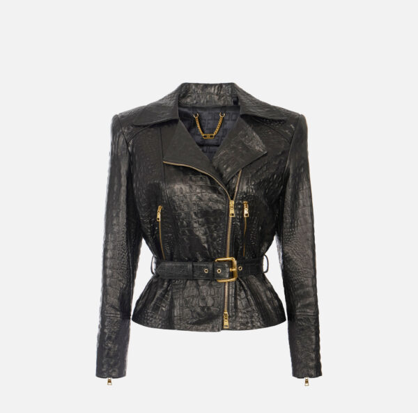 Elisabetta Franchi Bikerjacke aus Leder mit Kroko-Print – Bild 5