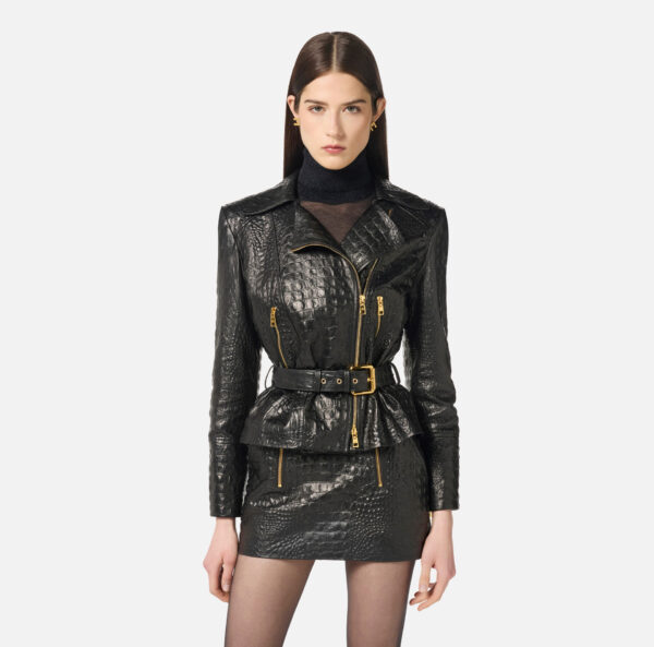 Elisabetta Franchi Bikerjacke aus Leder mit Kroko-Print – Bild 2