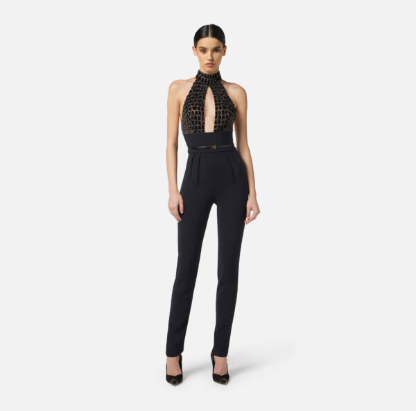 Elisabetta Franchi Jumpsuit aus Tüll und Crêpe mit Kokosnuss-Stickereien